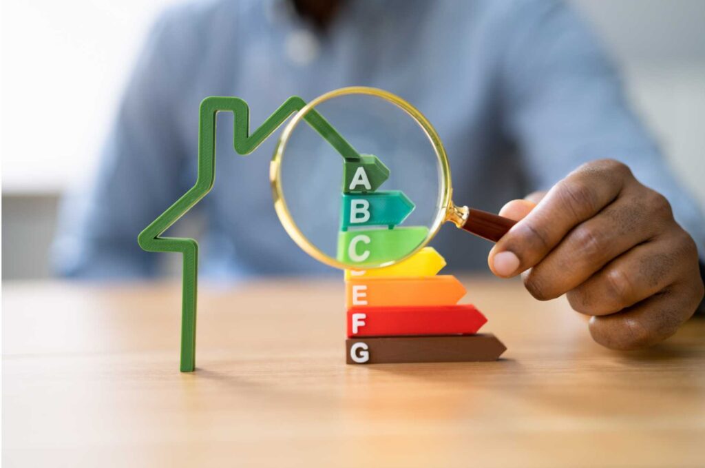 Analyse énergétique avec loupe et graphique coloré.