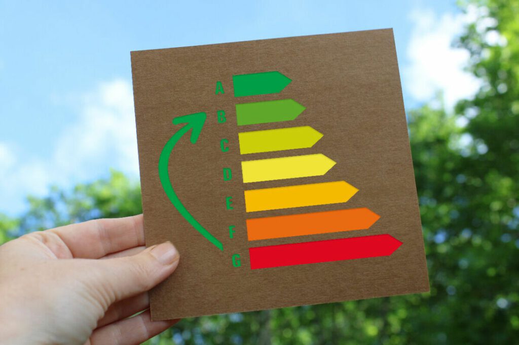 Étiquette énergétique tenue à main, arrière-plan arbres.